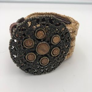 Leather And Braided Twine Belt With Round Buckle